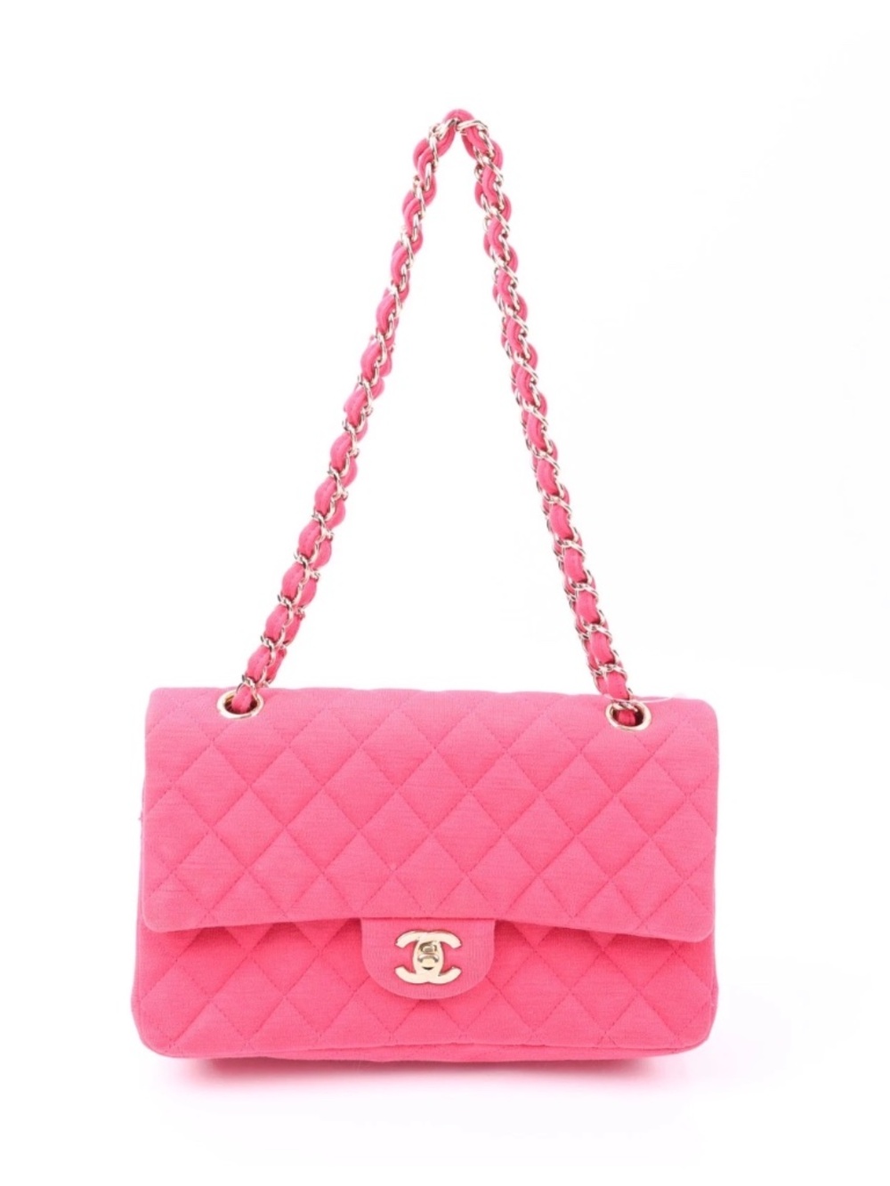 Chanel Classic Double Flap Medium Pink Jersey Gold Hardware Shoulder Bag